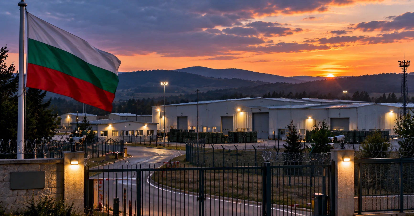 Secured Bulgarian industrial storage facility at dusk with the Bulgarian flag in the foreground