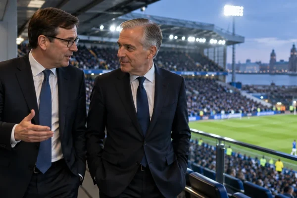 Illustration of two political leaders arriving at a football stadium for an evening match.
