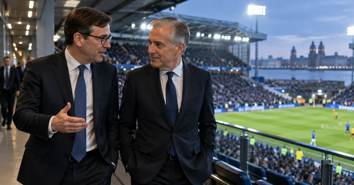 Illustration of two political leaders arriving at a football stadium for an evening match.