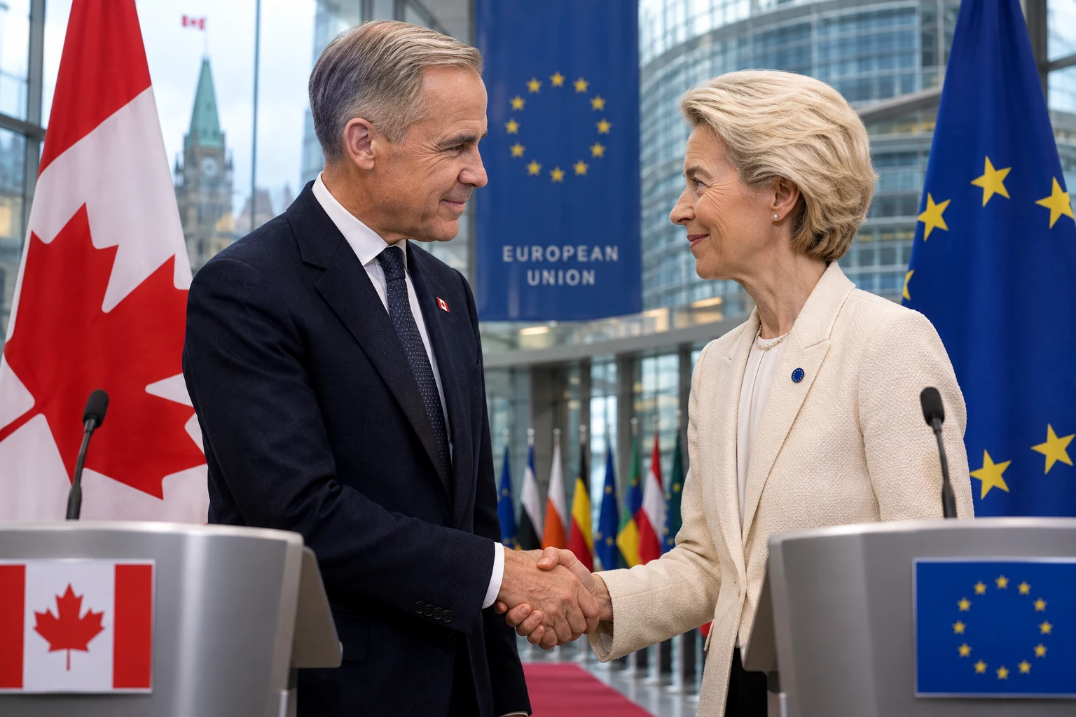 Canadian and European representatives meeting between Canadian and EU flags