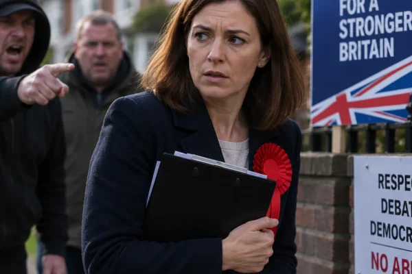 British election candidate canvassing while facing intimidation on a residential street
