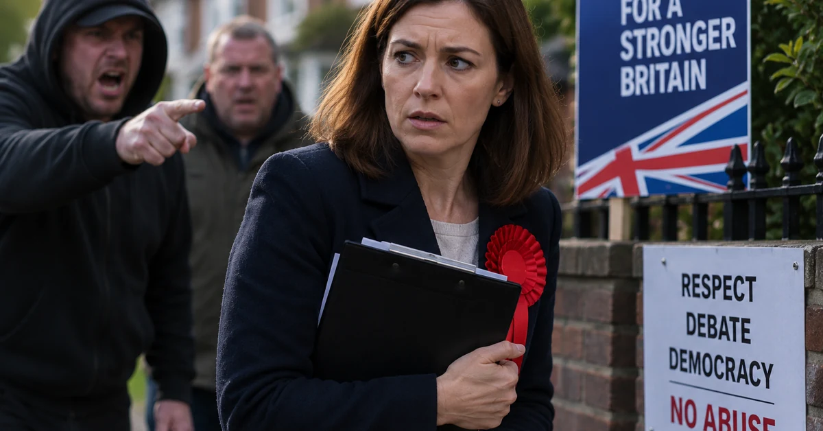 British election candidate canvassing while facing intimidation on a residential street