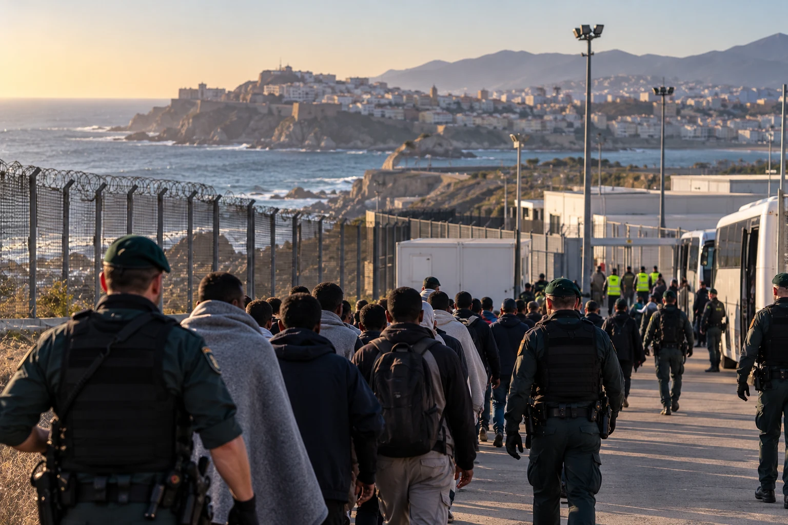 Spanish security officers escort migrants near a fortified coastal border facility