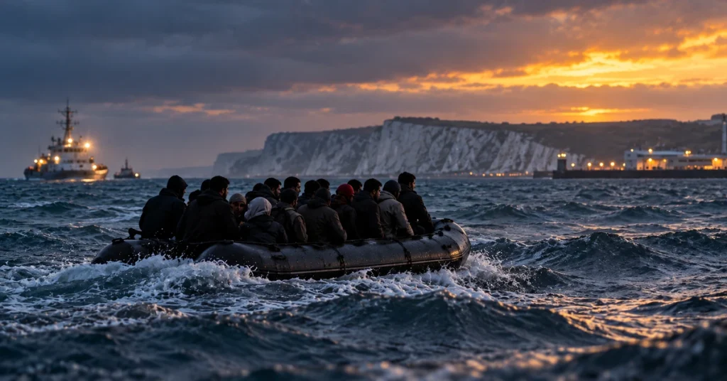 AI-generated editorial illustration of an overcrowded small boat crossing rough Channel waters towards the Kent coast.