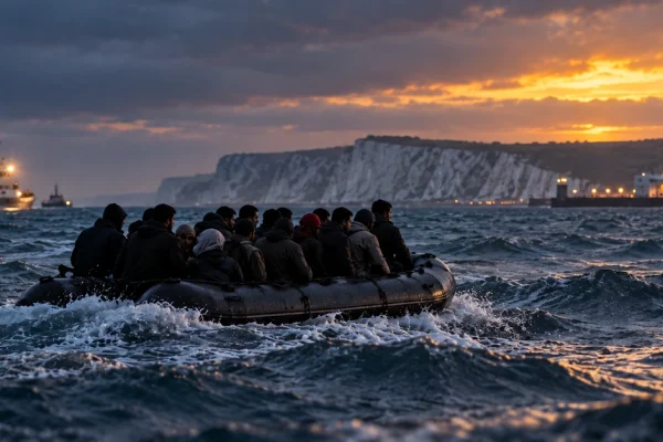 AI-generated editorial illustration of an overcrowded small boat crossing rough Channel waters towards the Kent coast.
