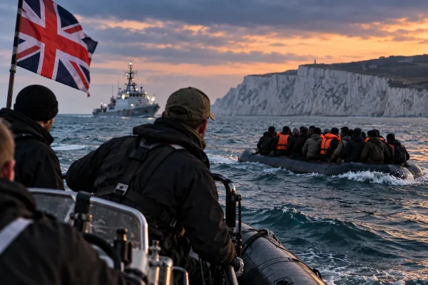 Private boat approaching a migrant dinghy in the English Channel near the British coast
