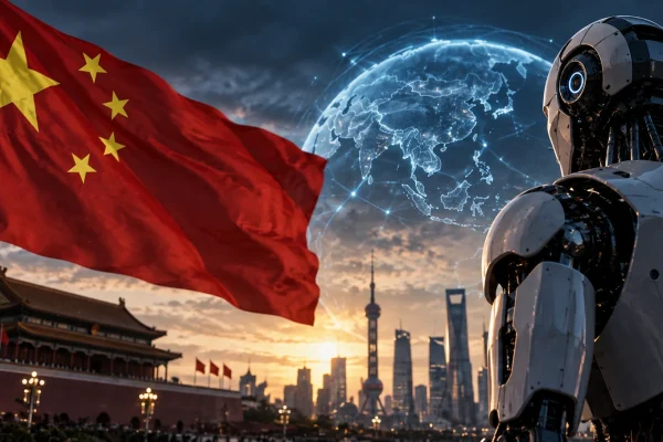 Chinese flag, futuristic robot and connected digital globe against a Chinese city skyline