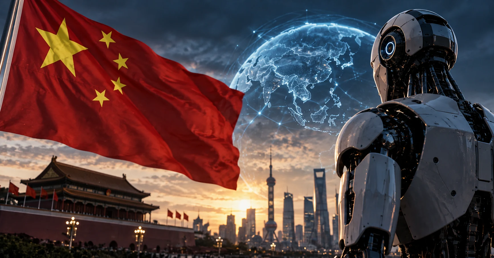 Chinese flag, futuristic robot and connected digital globe against a Chinese city skyline