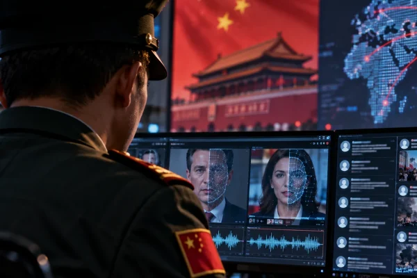Chinese security official monitoring artificial intelligence, deepfake and cyber threat systems