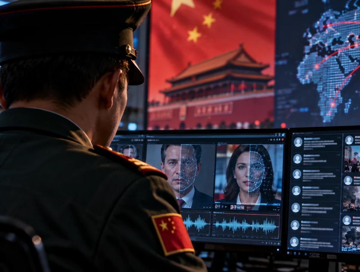 Chinese security official monitoring artificial intelligence, deepfake and cyber threat systems