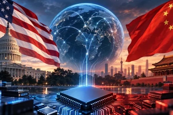 United States and Chinese flags facing each other across advanced semiconductor technology and a digitally connected globe