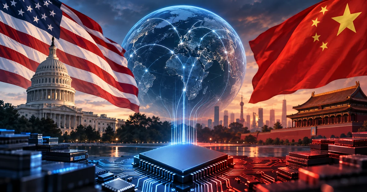 United States and Chinese flags facing each other across advanced semiconductor technology and a digitally connected globe