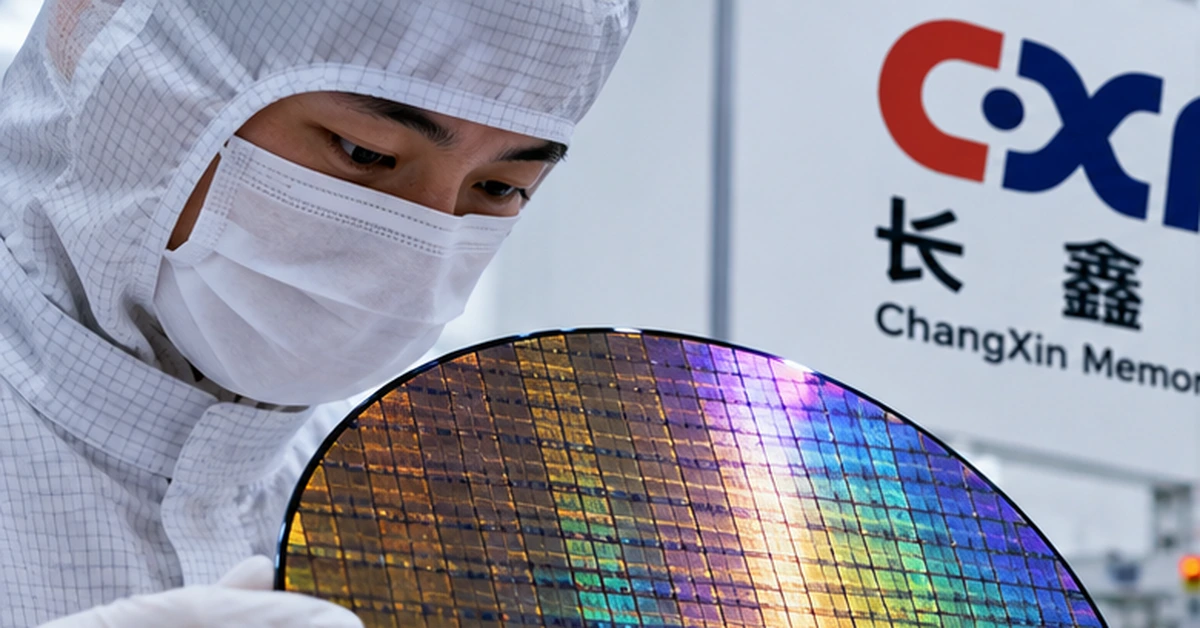 Editorial illustration of a semiconductor cleanroom worker inspecting a silicon wafer, representing China's expanding domestic memory-chip production.