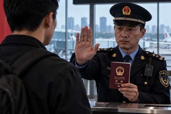 Chinese border officer stopping a traveller at an airport checkpoint, illustrating new technology-security exit restrictions.