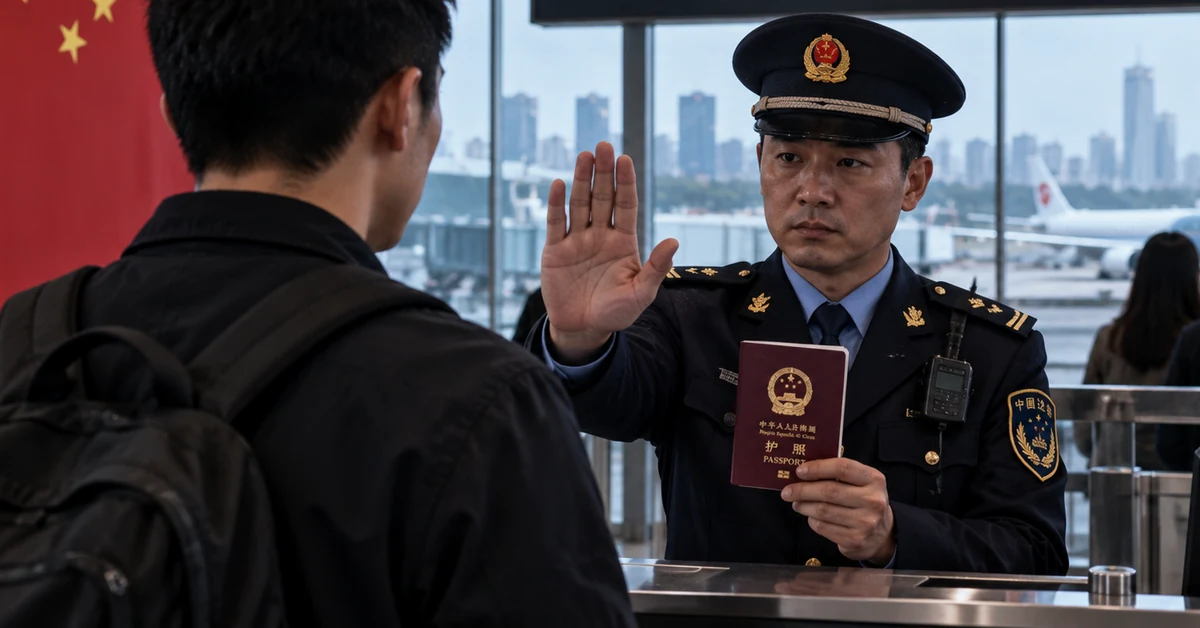 Chinese border officer stopping a traveller at an airport checkpoint, illustrating new technology-security exit restrictions.