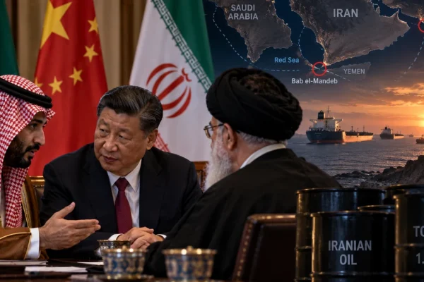 Illustration of Saudi, Chinese and Iranian diplomacy alongside oil shipping routes through the Red Sea, Bab el-Mandeb and Strait of Hormuz.