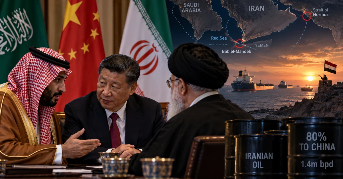 Illustration of Saudi, Chinese and Iranian diplomacy alongside oil shipping routes through the Red Sea, Bab el-Mandeb and Strait of Hormuz.