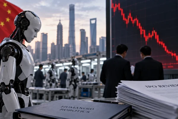 Editorial illustration representing Chinese humanoid robotics companies facing increased scrutiny over IPOs and commercial demand.
