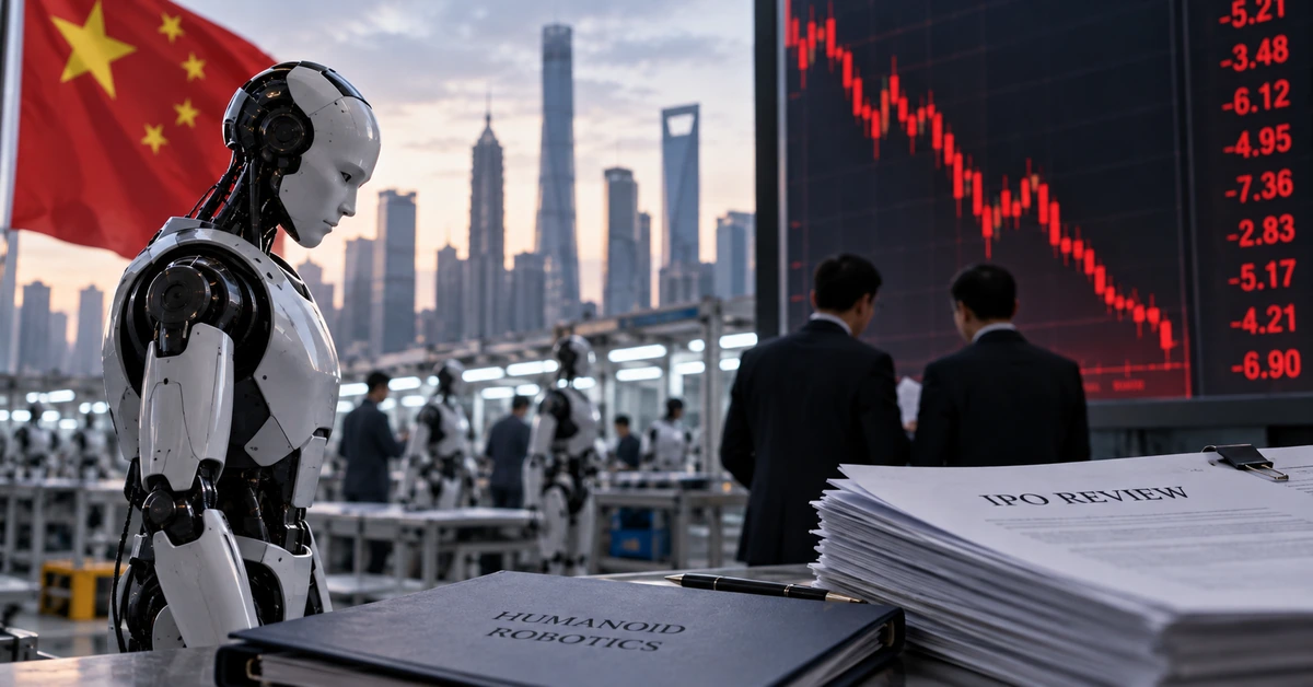 Editorial illustration representing Chinese humanoid robotics companies facing increased scrutiny over IPOs and commercial demand.