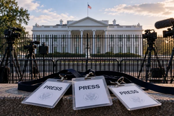 Editorial illustration of press credentials and television cameras outside the White House, representing the dispute over media access.