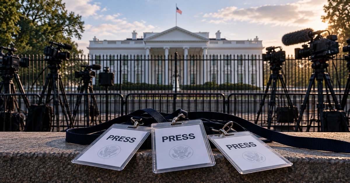 Editorial illustration of press credentials and television cameras outside the White House, representing the dispute over media access.