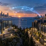 Illustration of secure AI data-centre infrastructure linking Canada and Germany across the Atlantic.