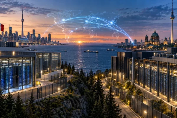 Illustration of secure AI data-centre infrastructure linking Canada and Germany across the Atlantic.