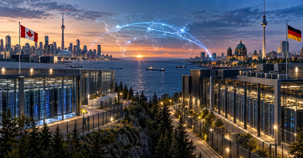 Illustration of secure AI data-centre infrastructure linking Canada and Germany across the Atlantic.
