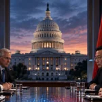 American and Chinese officials facing each other across a conference table with the US Capitol behind them