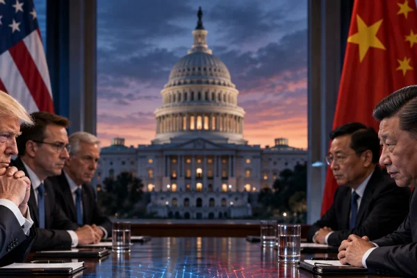 American and Chinese officials facing each other across a conference table with the US Capitol behind them