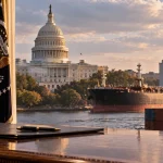 Editorial illustration combining the US Capitol, presidential office and international oil trade to represent new tariff authority targeting buyers of Russian energy.