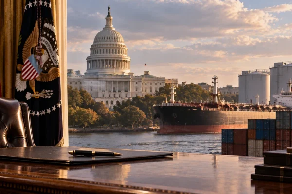 Editorial illustration combining the US Capitol, presidential office and international oil trade to represent new tariff authority targeting buyers of Russian energy.