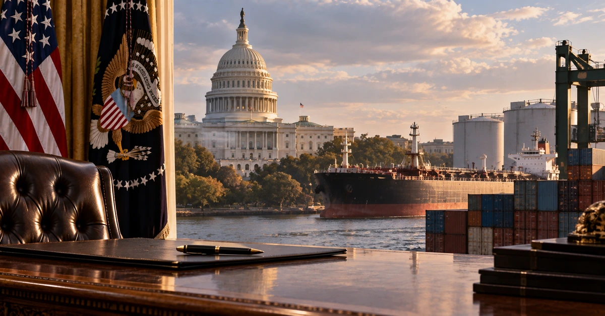 Editorial illustration combining the US Capitol, presidential office and international oil trade to represent new tariff authority targeting buyers of Russian energy.