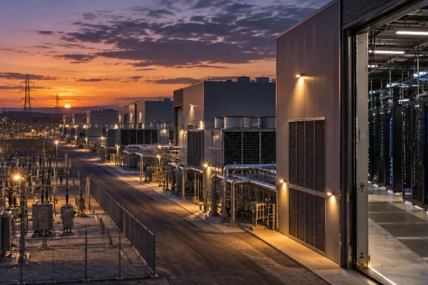 Editorial illustration of a large AI data-centre campus with server racks, electrical substations and transmission infrastructure at dusk.