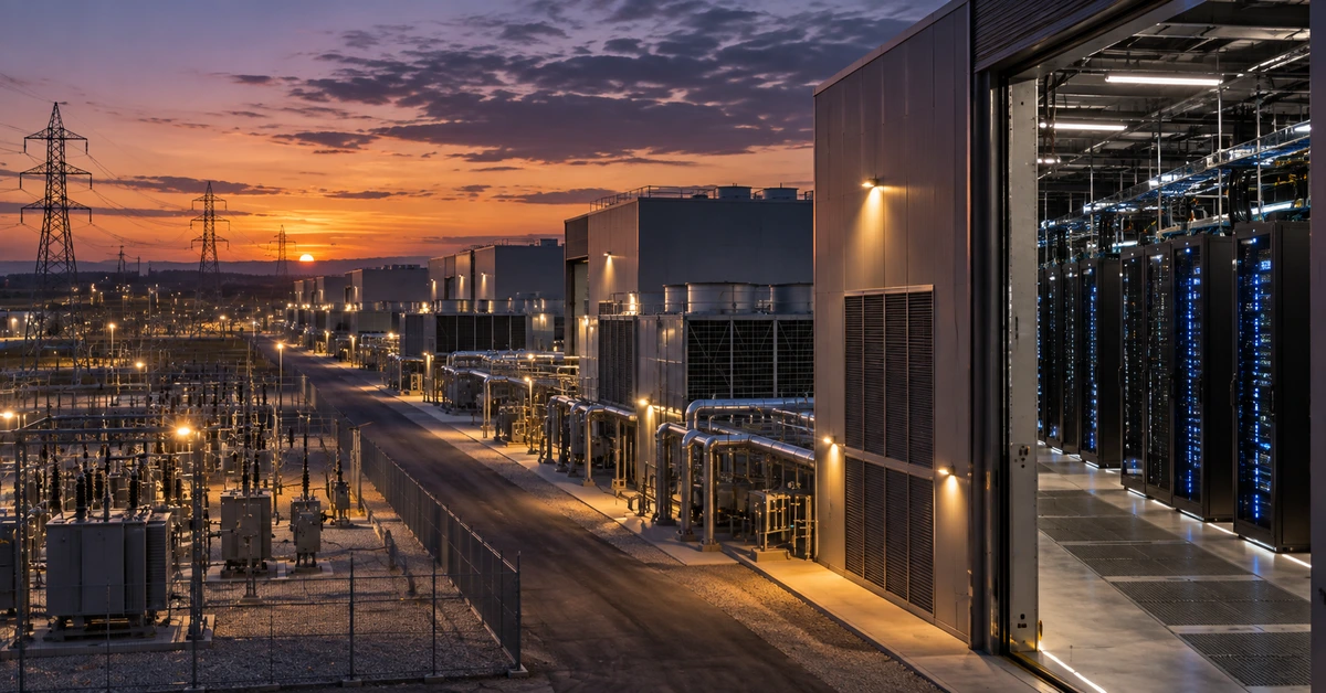 Editorial illustration of a large AI data-centre campus with server racks, electrical substations and transmission infrastructure at dusk.