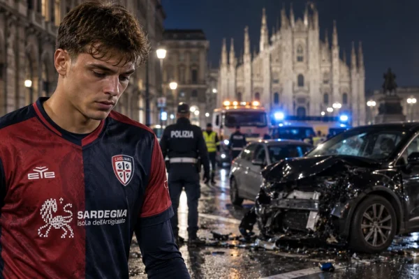 Footballer in Cagliari colours near a night-time road collision in Milan, illustrating the Daniel Maldini crash story.