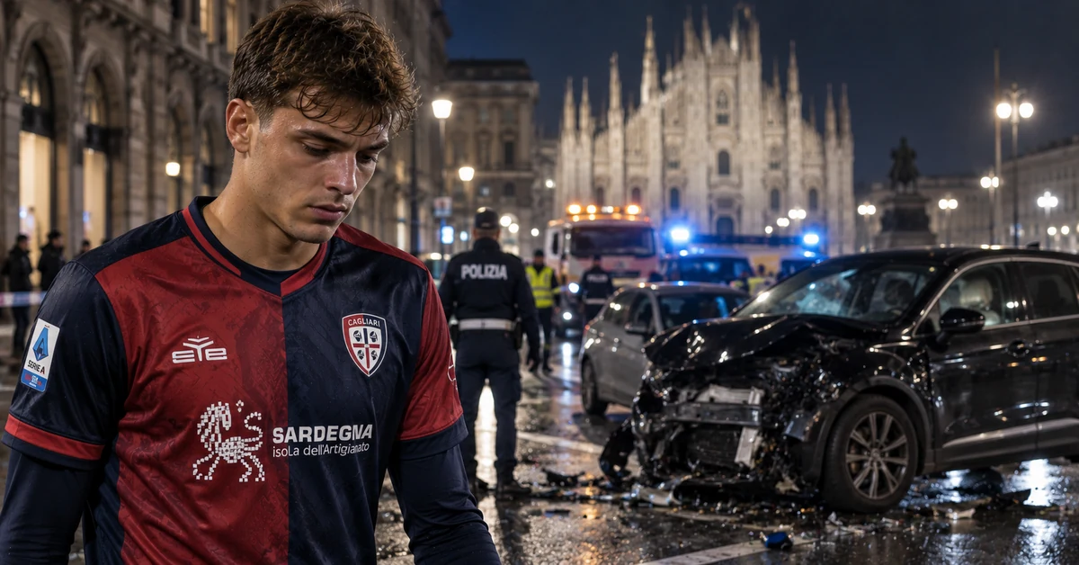 Footballer in Cagliari colours near a night-time road collision in Milan, illustrating the Daniel Maldini crash story.