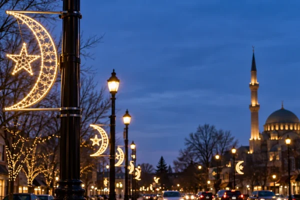 Editorial illustration of crescent-and-star street lighting along a city boulevard at dusk.