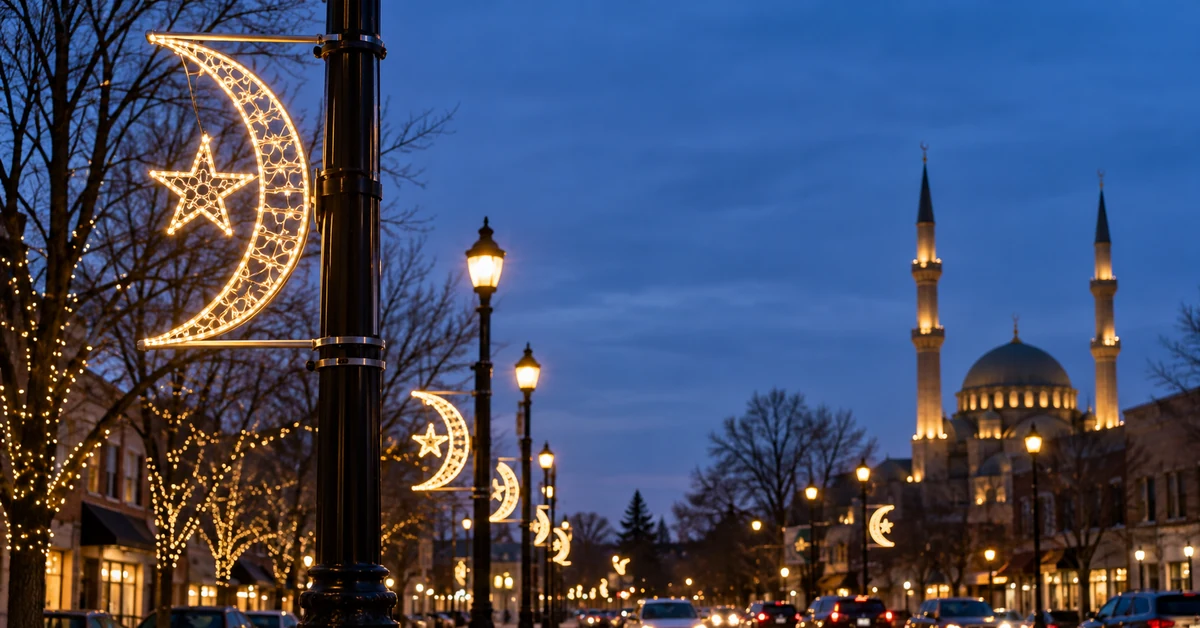 Editorial illustration of crescent-and-star street lighting along a city boulevard at dusk.