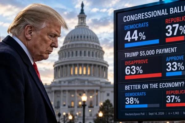 Donald Trump outside the US Capitol beside polling figures illustrating the Reuters Ipsos congressional ballot and economic findings.