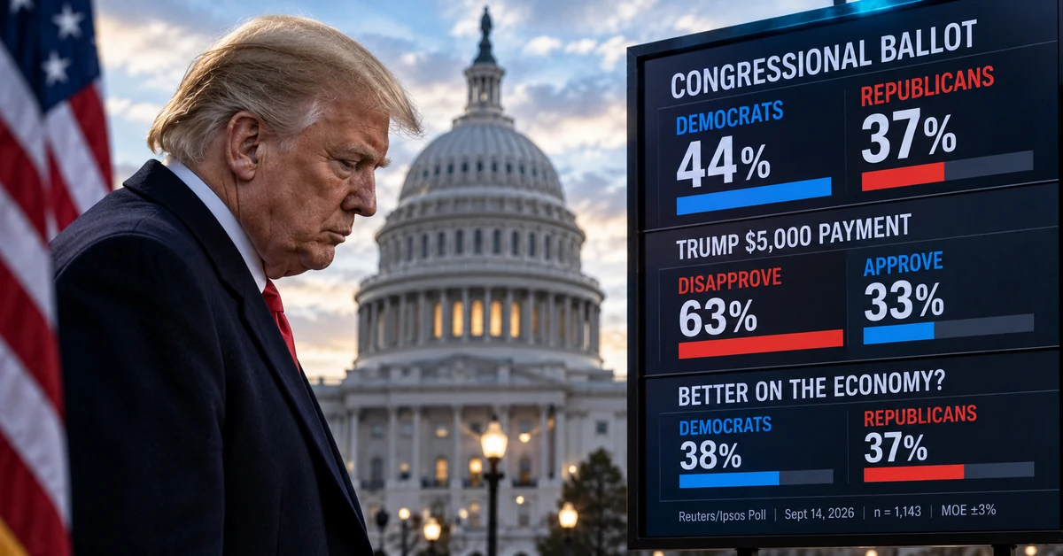 Donald Trump outside the US Capitol beside polling figures illustrating the Reuters Ipsos congressional ballot and economic findings.