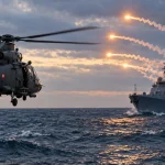 Editorial illustration of a Danish military helicopter near a Russian warship firing flares over rough seas.