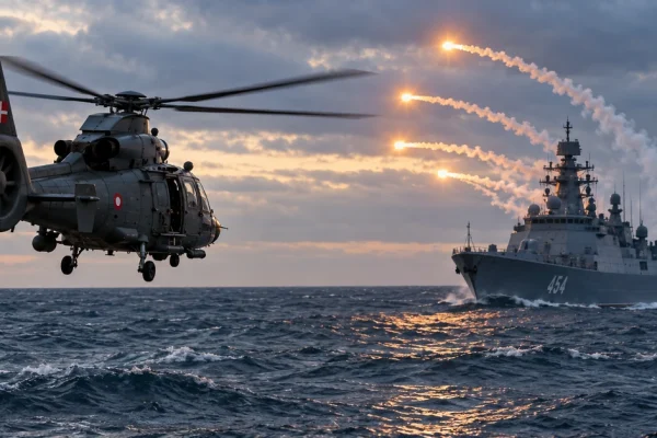 Editorial illustration of a Danish military helicopter near a Russian warship firing flares over rough seas.