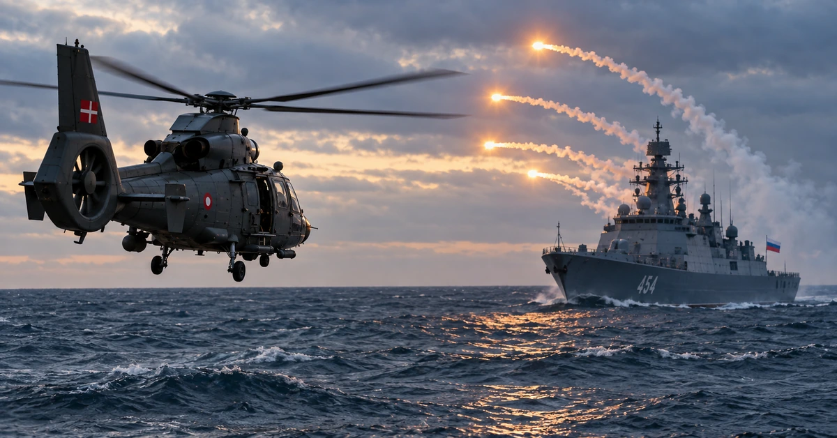 Editorial illustration of a Danish military helicopter near a Russian warship firing flares over rough seas.