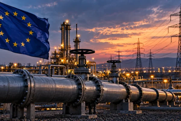 European Union flag overlooking gas pipelines and electricity infrastructure at sunset