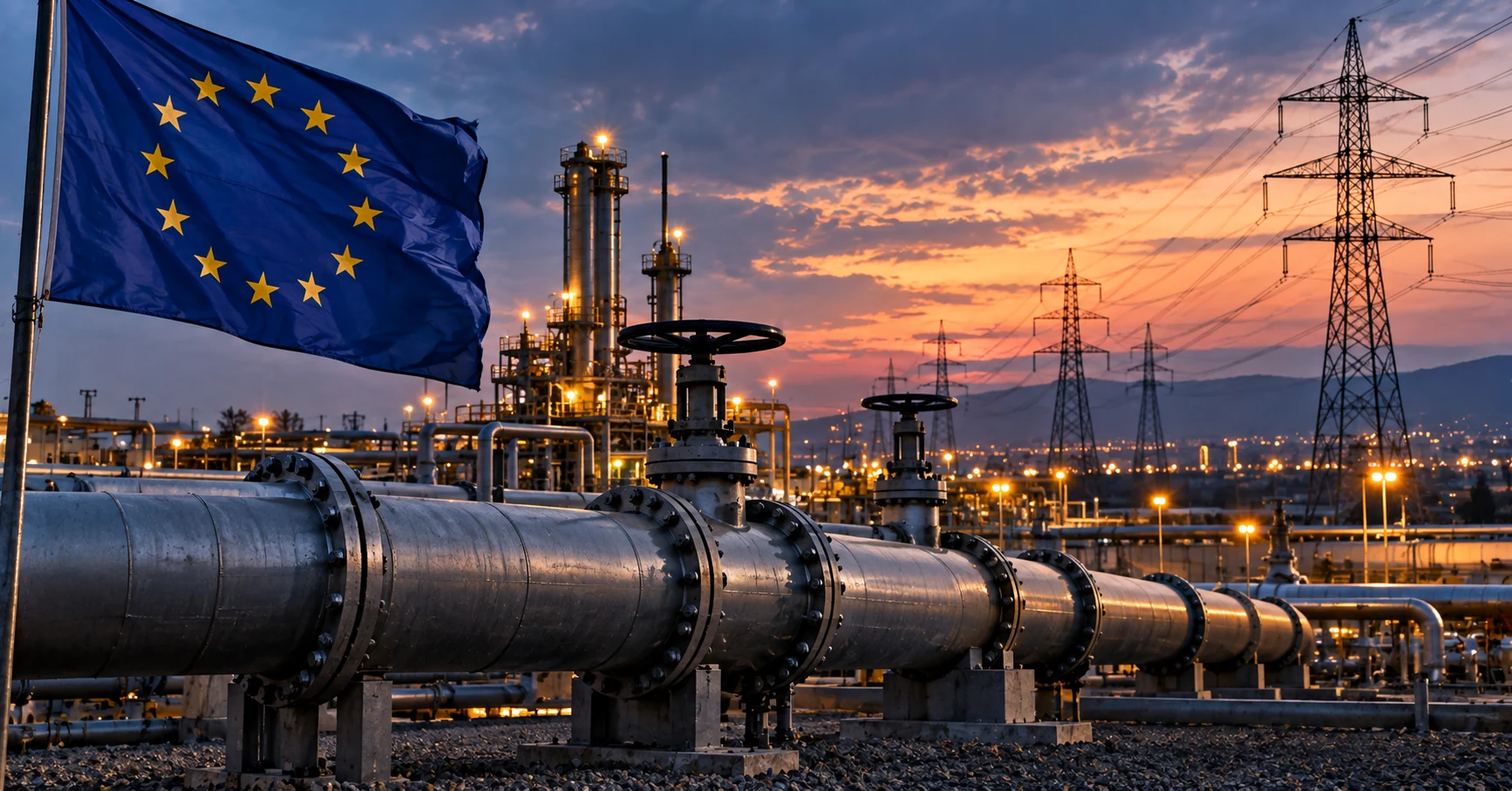 European Union flag overlooking gas pipelines and electricity infrastructure at sunset