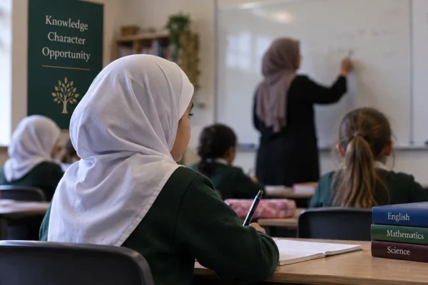 Illustration of a young primary-school pupil wearing a white hijab in a classroom.