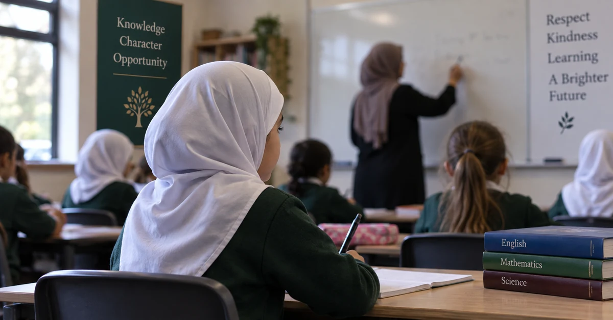 Illustration of a young primary-school pupil wearing a white hijab in a classroom.