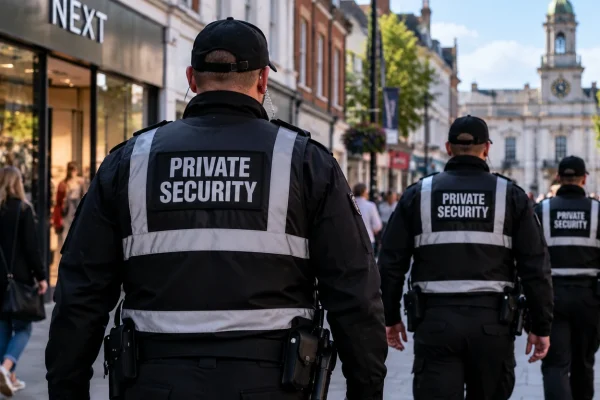 Private security guards patrolling a busy Essex town centre