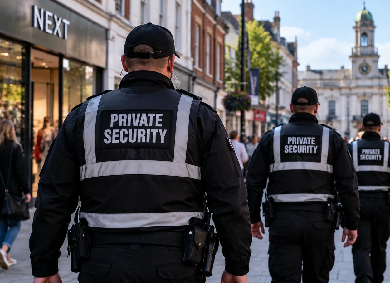 Private security guards patrolling a busy Essex town centre